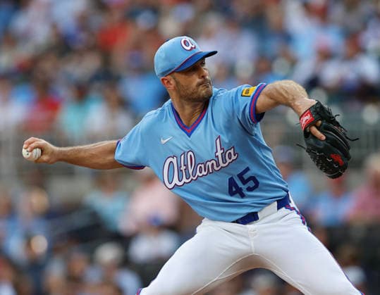 Pitcher Tyler Kinley 45 of the Atlanta Braves throws a pitch in the ninth inning during the game against the Washington Nationals the Atlanta Braves at Truist Park on Saturday, May 23, 2026 in Atlanta, Georgia.  ATL20260523122 MikexZarrilli