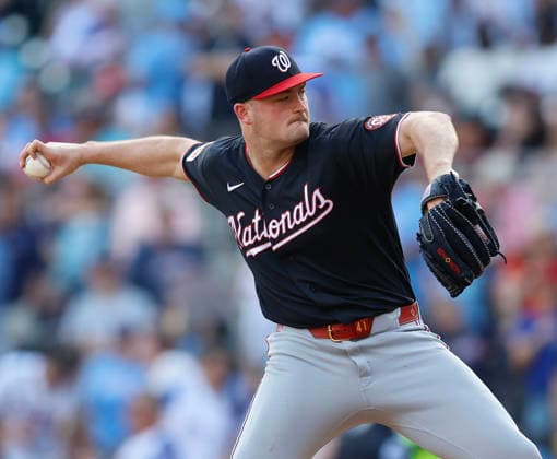 Pitcher Brad Lord 41 of the Washington Nationals throws a pitch while holding a combined no hitter into the eighth inning during the game against the Atlanta Braves at Truist Park on Saturday, May 23, 2026 in Atlanta, Georgia.  ATL20260523123 MikexZarrilli