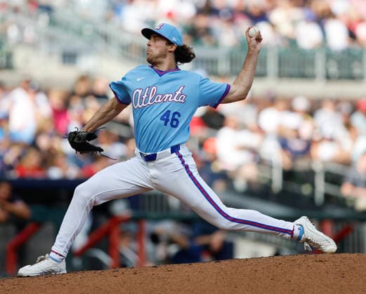 Pitcher Dylan Dodd 46 of the Atlanta Braves throws a pitch in the sixth inning during the game against the Washington Nationals at Truist Park on Saturday, May 23, 2026 in Atlanta, Georgia.  ATL20260523129 MikexZarrilli
