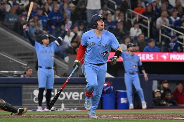 May 23, 2026, Toronto, On, Canada: Toronto Blue Jays Tyler Heineman (55) watches the flight of his solo home run against the Pittsburgh Pirates during seventh inning MLB, Baseball Herren, USA baseball action in Toronto on Saturday, May 23, 2026. Tyler Heineman  - ZUMAc35_ 20260523_zaf_c35_146 Copyright: xJonxBlackerx