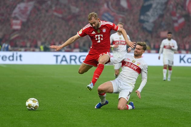 Maximilian MITTELSTAEDT (VFB Stuttgart), Aktion,Zweikampf gegen Konrad LAIMER (Bayern Muenchen). Fussball 83. DFB Pokal Finale 2026 FC Bayern Muenchen - VfB Stuttgart 3-0 am 23.05.2026, Olympiastadion in Berlin. DFL DFB regulations prohibit any use of photographs as image sequences and or quasi-video