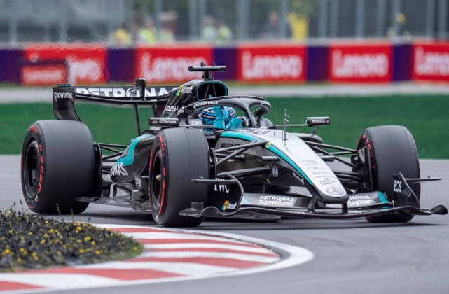 May 23, 2026, Montreal, Pq, CANADA: Mercedes driver George Russell, of the United Kingdom, celebrates after taking poll during qualifying at the Formula One auto racing Canadian Grand Prix in Montreal on Saturday, May 23, 2026. Canada News - May 23, 2026  - ZUMAc35_ 20260523_zaf_c35_162 Copyright: xChristopherxKatsarovx