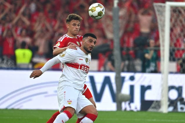 Joshua KIMMICH (Bayern Muenchen), Aktion,Zweikampf gegen Deniz UNDAV (VFB Stuttgart). Fussball 83. DFB Pokal Finale 2026 FC Bayern Muenchen - VfB Stuttgart 3-0 am 23.05.2026, Olympiastadion in Berlin. DFL DFB regulations prohibit any use of photographs as image sequences and or quasi-video