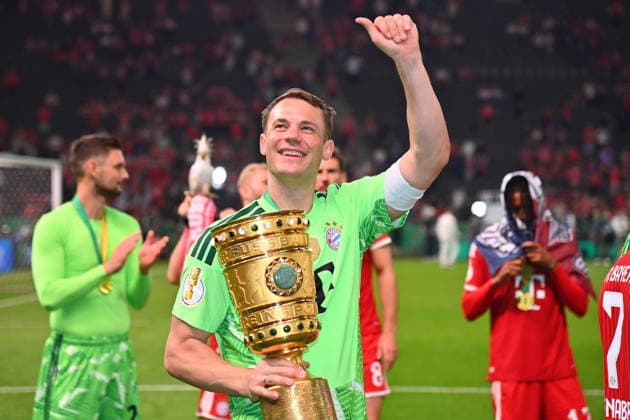 Manuel NEUER (Torwart Bayern Muenchen) mit Pokal,Cup,Trophaee, Jubel,Freude,Begeisterung, Siegerehrung. Fussball 83. DFB Pokal Finale 2026 FC Bayern Muenchen - VfB Stuttgart 3-0 am 23.05.2026, Olympiastadion in Berlin. DFL DFB regulations prohibit any use of photographs as image sequences and or quasi-video