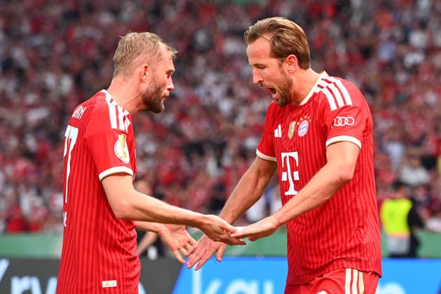 Torjubel v.re:Harry KANE (Bayern Muenchen), Konrad LAIMER (Bayern Muenchen) Jubel,Freude,Begeisterung,Aktion. Fussball 83. DFB Pokal Finale 2026 FC Bayern Muenchen - VfB Stuttgart 3-0 am 23.05.2026, Olympiastadion in Berlin. DFL DFB regulations prohibit any use of photographs as image sequences and or quasi-video