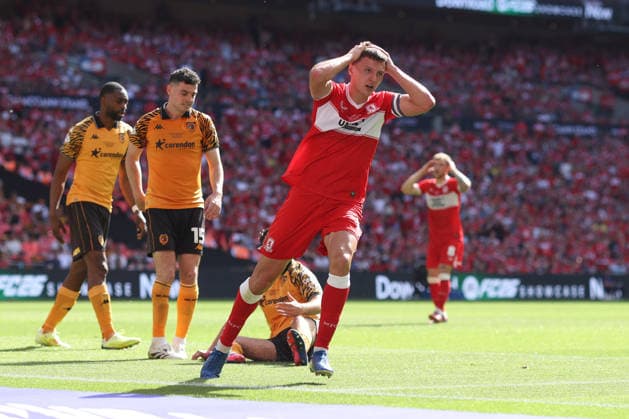Championship Play-Off Final 23 May 2026, London - SkyBet Championship Play-Off Final - Hull City v Middlesbrough - Dael Fry of Middlesbrough reacts to missing a chance - Photo: Charlotte Wilson Offside. London UK Copyright: xCharlottexWilsonx xOffsidexOffside