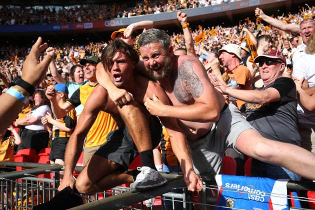 Championship Play-Off Final 23 May 2026, London - SkyBet Championship Play-Off Final - Hull City v Middlesbrough - Hull City fans celebrate their goal - Photo: Charlotte Wilson Offside. London UK Copyright: xCharlottexWilsonx xOffsidexOffside