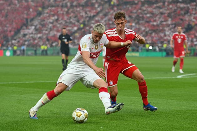 Ermedin DEMIROVIC (VFB Stuttgart), Joshua KIMMICH (Bayern Muenchen), Aktion,Zweikampf Fussball 83. DFB Pokal Finale 2026 FC Bayern Muenchen - VfB Stuttgart 3-0 am 23.05.2026, Olympiastadion in Berlin. DFL DFB regulations prohibit any use of photographs as image sequences and or quasi-video