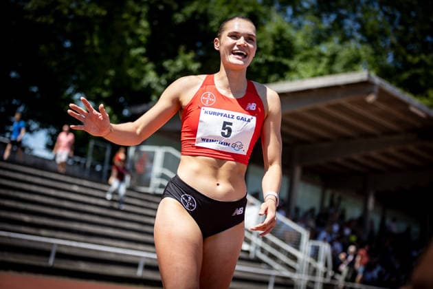 B&S Kurpfalz Gala; Weinheim, 23.05.2026 Freut sich über den Sieg über 100m-Hürden der Frauen: Franziska Schuster (GER TSV Bayer 04 Leverkusen); B&S Kurpfalz Gala am 23.05.2026 im Sepp-Herberger-Stadion in Weinheim (Baden-Württemberg). Copyright: xBEAUTIFULxSPORTS R.xSchmittx