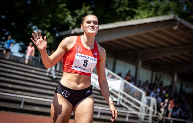 B&S Kurpfalz Gala; Weinheim, 23.05.2026 Freut sich über den Sieg über 100m-Hürden der Frauen: Franziska Schuster (GER TSV Bayer 04 Leverkusen); B&S Kurpfalz Gala am 23.05.2026 im Sepp-Herberger-Stadion in Weinheim (Baden-Württemberg). Copyright: xBEAUTIFULxSPORTS R.xSchmittx