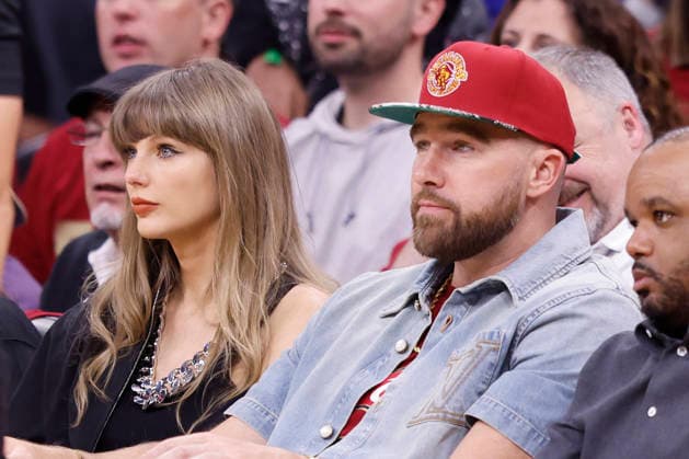 Taylor Swift sits along side her fiance Travis Kelce during the fourth quarter of the Cleveland Cavaliers Eastern Conference Final game against the New York Knicks in Cleveland, Ohio Saturday May 23, 2026.  CLE20260523110a AARONxJOSEFCZYK