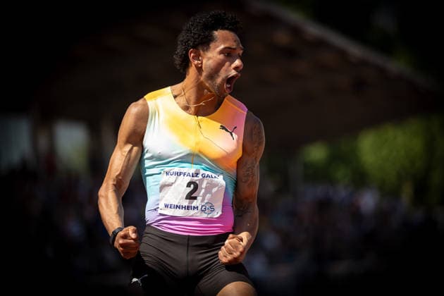 B&S Kurpfalz Gala; Weinheim, 23.05.2026 Zieljubel: Joshua Hartmann (GER ASV Köln e. V.) nach seinem 100m-Rennen bei den Männern; B&S Kurpfalz Gala am 23.05.2026 im Sepp-Herberger-Stadion in Weinheim (Baden-Württemberg). Copyright: xBEAUTIFULxSPORTS R.xSchmittx