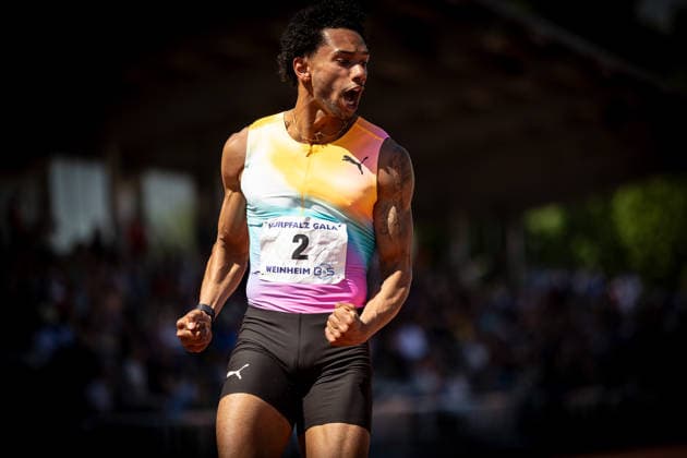 B&S Kurpfalz Gala; Weinheim, 23.05.2026 Zieljubel: Joshua Hartmann (GER ASV Köln e. V.) nach seinem 100m-Rennen bei den Männern; B&S Kurpfalz Gala am 23.05.2026 im Sepp-Herberger-Stadion in Weinheim (Baden-Württemberg). Copyright: xBEAUTIFULxSPORTS R.xSchmittx