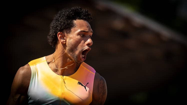 B&S Kurpfalz Gala; Weinheim, 23.05.2026 Zieljubel: Joshua Hartmann (GER ASV Köln e. V.) nach seinem 100m-Rennen bei den Männern; B&S Kurpfalz Gala am 23.05.2026 im Sepp-Herberger-Stadion in Weinheim (Baden-Württemberg). Copyright: xBEAUTIFULxSPORTS R.xSchmittx