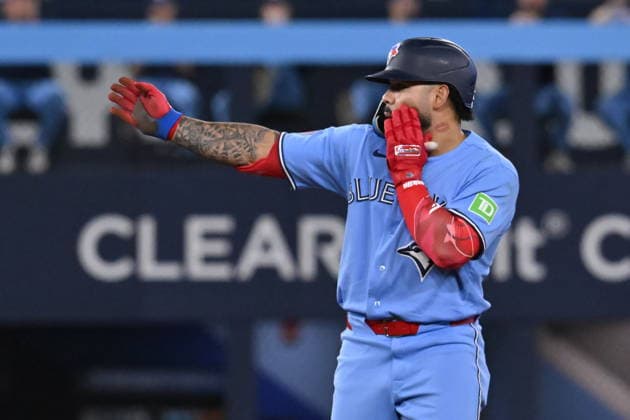May 23, 2026, Toronto, On, Canada: Toronto Blue Jays outfielder Yohendrick Pinango (24) gestures to the dugout after hitting a double against the Pittsburgh Pirates during first inning MLB, Baseball Herren, USA baseball action in Toronto on Saturday, May 23, 2026. Yohendrick Pinango  - ZUMAc35_ 20260523_zaf_c35_067 Copyright: xJonxBlackerx