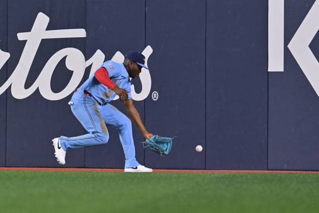 May 23, 2026, Toronto, On, Canada: Toronto Blue Jays outfielder Jesus Sanchez (12) fields the ball off the wall on an RBI double by Pittsburgh PIrates Marcell Ozuna, not pictured, during sixth inning MLB, Baseball Herren, USA baseball action in Toronto on Saturday, May 23, 2026. Jesus Sanchez - ZUMAc35_ 20260523_zaf_c35_128 Copyright: xJonxBlackerx
