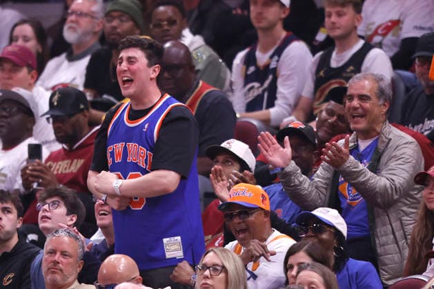 New York Knicks fans cheer in the fourth quarter against the Cleveland Cavaliers during the Eastern Conference Final game in Cleveland, Ohio Saturday May 23, 2026.  CLE20260523111 AARONxJOSEFCZYK