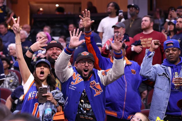New York Knicks fans cheer in the fourth quarter against the Cleveland Cavaliers during the Eastern Conference Final game in Cleveland, Ohio Saturday May 23, 2026.  CLE20260523127 AARONxJOSEFCZYK