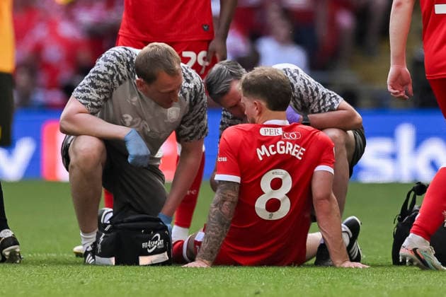 Hull City v Middlesbrough, EFL Sky Bet Championship, Play Off Final Riley McGree (8) of Middlesbrough down injured during the EFL Sky Bet Championship match between Hull City and Middlesbrough at Wembley Stadium, London, UK on 23 May 2026. London Wembley Stadium Greater London UK Editorial use only DataCo restrictions apply See www.football-dataco.com , Copyright: xGrahamxHuntx PSI-24303-0338