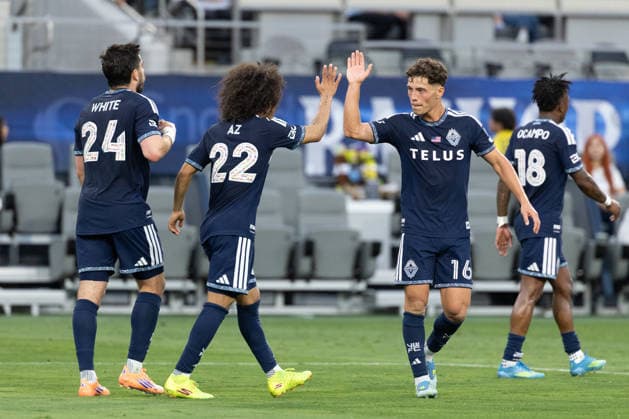 SAN DIEGO, CA - MAY 23: Vancouver Whitecaps FC forward Aziel Jackson (22) midfielder Sebastian Berhalter (16) react after a goal during a MLS, Fussball Herren, USA match between Vancouver Whitecaps FC and San Diego FC on May 23, 2026 at Snapdragon Stadium in San Diego, CA. (Photo by Karl Anderson Icon Sportswire) SOCCER: MAY 23 MLS San Diego FC vs Vancouver Whitecaps FC EDITORIAL USE ONLY Icon272260523021