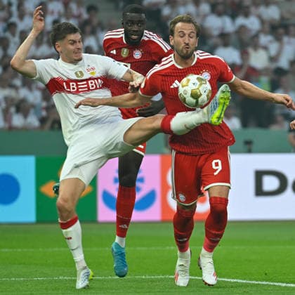 (260524) -- BERLIN, May 24, 2026 -- Harry Kane (R) of Bayern Munich vies with Jose Maria Andres Baixauli (L) of VfB Stuttgart during the German Cup football final match between Bayern Munich and VfB Stuttgart in Berlin, Germany, May 23, 2026. (Photo by Xinhua) (SP)GERMANY-BERLIN-FOOTBALL-GERMAN CUP-BAYERN MUNICH VS STUTTGART UlrichxHufnagel 