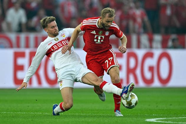 (260524) -- BERLIN, May 24, 2026 -- Konrad Laimer (R) of Bayern Munich vies with Maximilian Mittelstaedt of VfB Stuttgart during the German Cup football final match between Bayern Munich and VfB Stuttgart in Berlin, Germany, May 23, 2026. (Photo by Xinhua) (SP)GERMANY-BERLIN-FOOTBALL-GERMAN CUP-BAYERN MUNICH VS STUTTGART UlrichxHufnagel 