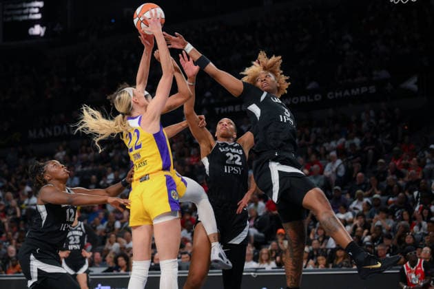 May 24, 2026, Las Vegas, Nevada, USA: CAMERON BRINK 22 of The Los Angels Sparks with a rebound during WNBA, Basketball Damen, USA regular-season game at Michelob ULTRA Arena in Las Vegas. WNBA 2026: Los Angeles Sparks 101-95 Las Vegas Aces  - ZUMAo117 20260524_zsp_o117_006 Copyright: xMikaelxOnax