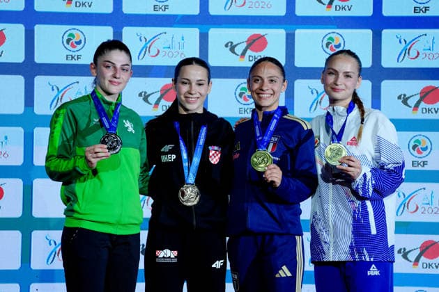 Deutschland: EKF Karate Europameisterschaft Seniors 2026 - Eissporthalle, Frankfurt: Kategorie Kumite Female -50kg Goldmedaille geht an Sgardelli Ema (CRO) die Silbermedaille an Tsaneva Teodora (BUL) und die Bronzemedaillen an Perfetto Erminia (ITA) und Nastas Patricia (EKF-1) Frankfurt am Main Eissporthalle Frankfurt Hessen Deutschland Copyright: xKjetilxWaberx