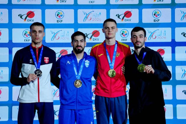 Deutschland: EKF Karate Europameisterschaft Seniors 2026 - Eissporthalle, Frankfurt: Kategorie Kumite Male -60kg Goldmedaille geht an Xenos Christos-Stefanos (GRE) die Silbermedaille an Vuckovic Aleksandar (SRB) und die Bronzemedaillen an Vojinovic Balsa (MNE) und Sordia Tsotne (GEO) Frankfurt am Main Eissporthalle Frankfurt Hessen Deutschland Copyright: xKjetilxWaberx