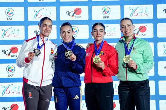 Deutschland: EKF Karate Europameisterschaft Seniors 2026 - Eissporthalle, Frankfurt: Kategorie Kata Female Goldmedaille geht an D Onofrio Terryana (ITA) die Silbermedaille an Garcia Lozano Paola (ESP) und die Bronzemedaillen an Manca Chiara (BEL) und Cruz Ana (POR) Frankfurt am Main Eissporthalle Frankfurt Hessen Deutschland Copyright: xKjetilxWaberx