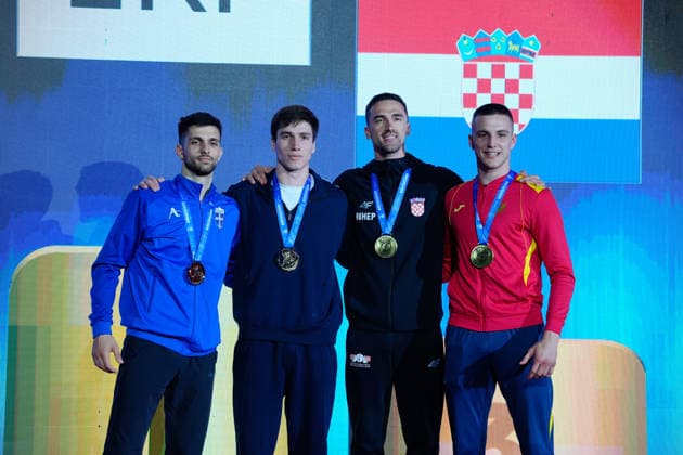 Deutschland: EKF Karate Europameisterschaft Seniors 2026 - Eissporthalle, Frankfurt: Kategorie Kumite Female -50kg Goldmedaille geht an Gasparian Eduard (EKF-1) die Silbermedaille an Mastrogiannis Konstantinos (GRE) und die Bronzemedaillen an Kvesic Ivan (CRO) und Mikulic Nemanja (MNE) Frankfurt am Main Eissporthalle Frankfurt Hessen Deutschland Copyright: xKjetilxWaberx