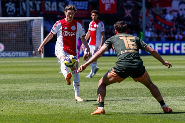 2026-05-24 AFC Ajax v FC Utrecht - Dutch Eredivisie Play-Offs VOLENDAM, NETHERLANDS - MAY 24: Mika Godts of AFC Ajax hits the ball during the Dutch Eredivisie Play-Offs match between AFC Ajax and FC Utrecht at Kras Stadion on May 24, 2026 in Volendam, Netherlands. Volendam Kras Stadion Netherlands Content not available for redistribution in The Netherlands directly or indirectly through any third parties. Copyright: xBenxGalx