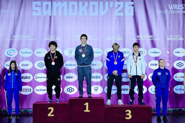 Ringen, U15 EM in Samokov U15 Wrestling European Championships Podium 57kg FS - Gold: Adam Miziev (RUS), Silver: Giorgi Grigalashvili (GEO), Bronze: Yurii Symak (UKR), Atom Yesayan (ARM)