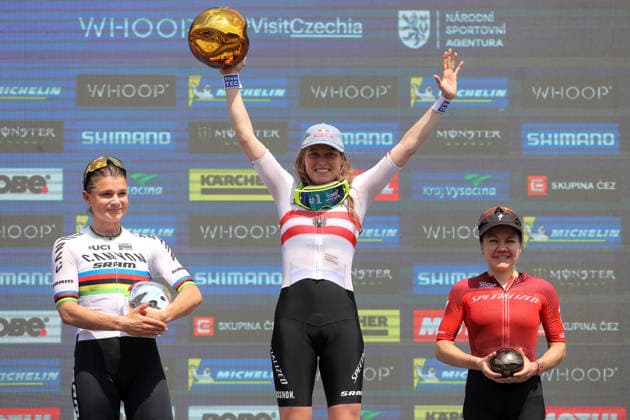 World Cup cross country mountain elite women s race, Vysocina Arena, Nove Mesto na Morave, May 24, 2026. From left: the second placed Jenny Rissveds from Sweden, winner Laura Stigger from Austria and the third placed Sina Frei from Switzerland. (CTKxPhoto LiborxPlihal) CTKPhotoP2026052403578  CTKPhotoP2026052403578