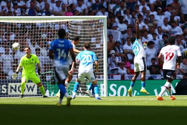Adama Sidibeh of Stockport County scores to make it 1-1 Bolton Wanderers v Stockport County, EFL Sky Bet League One, Play-Off Final, Football, Wembley Stadium, London, UK - 24 May 2026London Wembley Stadium United Kingdom EDITORIAL USE ONLY No use with unauthorised audio, video, data, fixture lists, club league logos or live services. Online in-match use limited to 120 images, no video emulation. No use in betting, games or single club league player publications.  Copyright: xPaulxCurrie Shutterstockx 16889803de
