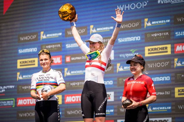 World Cup cross country mountain elite women s race, Vysocina Arena, Nove Mesto na Morave, May 24, 2026. From left: the second placed Jenny Rissveds from Sweden, winner Laura Stigger from Austria and the third placed Sina Frei from Switzerland. (CTKxPhoto JaroslavxSvoboda) CTKPhotoP2026052403665  CTKPhotoP2026052403665