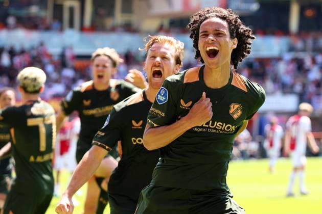 VOLENDAM , 24-05-2026 , Kras Stadium, season 2025 2026 , Play-offs for European football , Dutch Eredivisie Football . Match between Ajax and FC Utrecht , picture shows FC Utrecht player Gjivai ZechiÃ«l scores 1-1 Ajax - Utrecht (play off)  x203936370x Copyright: