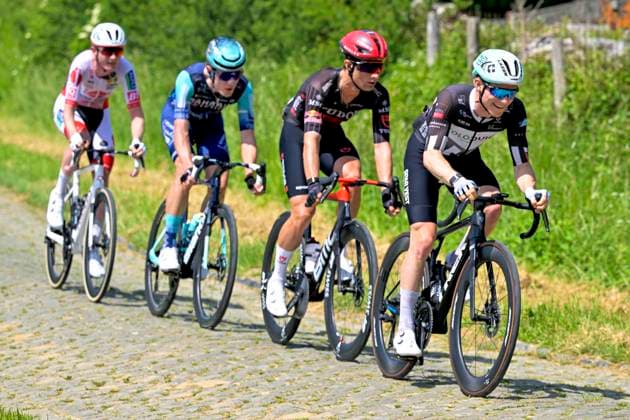 Grand Prix Criquielion 2026 Cycling Race LESSINES, BELGIUM - MAY 24 : Kolze Changizi Sebastian (DEN) of Tudor Pro Cycling Team, Van Der Meulen Max (NED) of Bahrain Victorius, Nortoft Morten Aalling of Team ColoQuick in the escape pack during the 58th edition of Grand Prix Criquielion an UCI Class 1.1 one day cycling road race for Men Elite of km with start in Ath and finish in Lessines on May 24, 2026 in Lessines, Belgium, 24 05 2026 Lessines Belgium  Copyright: xSesx