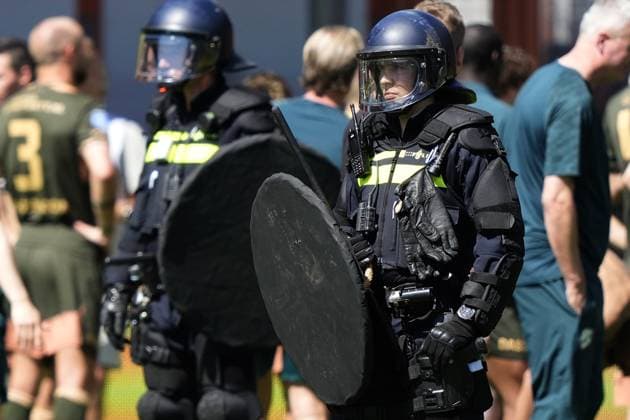 VOLENDAM , 24-05-2026 , Kras Stadium, season 2025 2026 , Play-offs for European football , Dutch Eredivisie Football . Match between Ajax and FC Utrecht , picture shows police on the field Ajax - Utrecht (play off)  x203938017x Copyright: