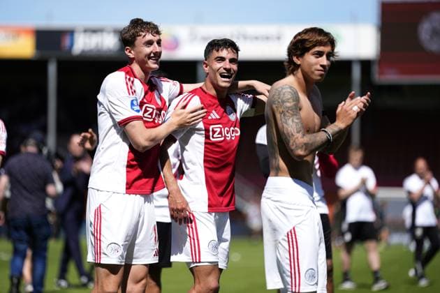 VOLENDAM , 24-05-2026 , Kras Stadium, season 2025 2026 , Play-offs for European football , Dutch Eredivisie Football . Match between Ajax and FC Utrecht , picture shows Ajax player Youri Baas , Ajax player Lucas Rosa , Ajax player Maher Carrizo Ajax - Utrecht (play off)  x203938022x Copyright: