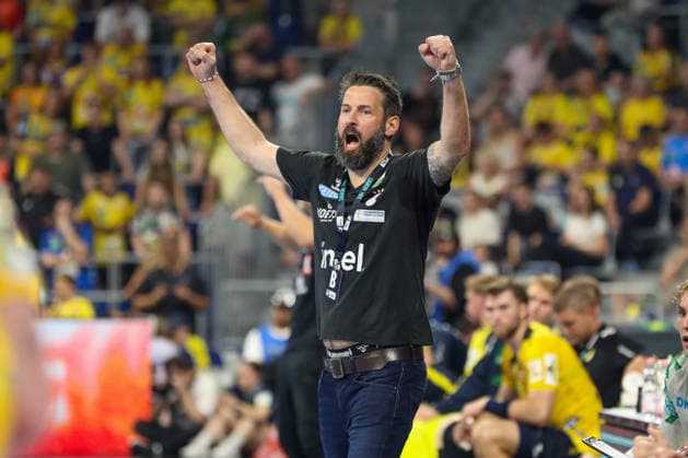 24.05.2026, xgox, Handball - Daikin HBL Rhein-Neckar Löwen - SC Magdeburg emspor, v.l. Bennet Wiegert (Magdeburg, Trainer) Jubel, Torjubel, jubelt ueber das Tor, celebrate the goal, celebration Mannheim