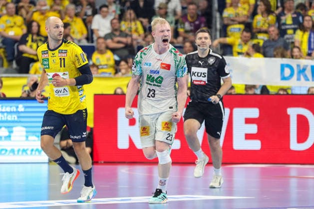 24.05.2026, xgox, Handball - Daikin HBL Rhein-Neckar Löwen - SC Magdeburg emspor, v.l. Magnus Saugstrup (Magdeburg, 23) Jubel, Torjubel, jubelt ueber das Tor, celebrate the goal, celebration Mannheim