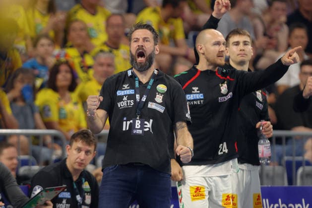 24.05.2026, xtgx, Handball, Daikin HBL, Rhein Neckar Löwen - SC Magdeburg v.l. Bennet Wiegert (Magdeburg, Trainer) Jubel, Torjubel, jubelt ueber das Tor, celebrate the goal, celebration Mannheim