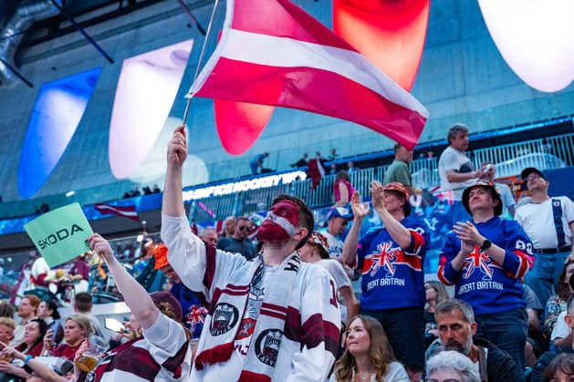 ZURICH, SWITZERLAND - MAY 24: Latvian an Great Britain Fans cheering for their teams during the Preliminary Round - Group A Match 43 between Great Britain and Latvia at the IIHF Ice hockey, Eishockey World Championship, WM, Weltmeisterschaft 2026, Swiss Life Arena on May 24, 2026 in Zurich, Switzerland. Zurich Switzerland Copyright: xTimoxSteinx