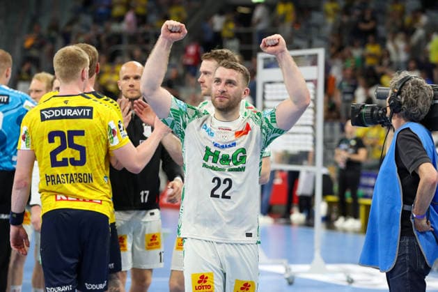 24.05.2026, xgox, Handball - Daikin HBL Rhein-Neckar Löwen - SC Magdeburg emspor, v.l. Lukas Mertens (Magdeburg, 22) Jubel ueber den Sieg, Jubel nach Spielende Mannheim