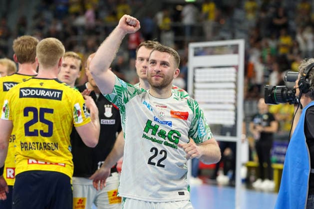 24.05.2026, xgox, Handball - Daikin HBL Rhein-Neckar Löwen - SC Magdeburg emspor, v.l. Lukas Mertens (Magdeburg, 22) Jubel ueber den Sieg, Jubel nach Spielende Mannheim