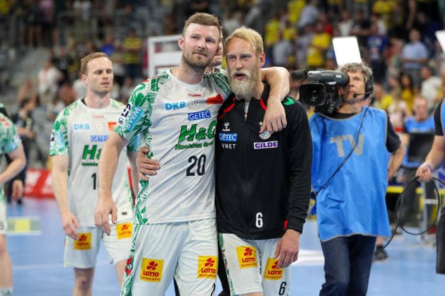 24.05.2026, xgox, Handball - Daikin HBL Rhein-Neckar Löwen - SC Magdeburg emspor, v.l. Philipp Weber (Magdeburg, 20) , Matthias Musche (Magdeburg, 6) Jubel ueber den Sieg, Jubel nach Spielende Mannheim