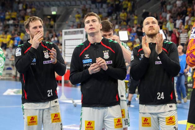 24.05.2026, xgox, Handball - Daikin HBL Rhein-Neckar Löwen - SC Magdeburg emspor, v.l. Albin Lagergren (Magdeburg, 21) , Manuel Zehnder (Magdeburg, 8), Christian O Sullivan (Magdeburg, 24) Jubel ueber den Sieg, Jubel nach Spielende Mannheim