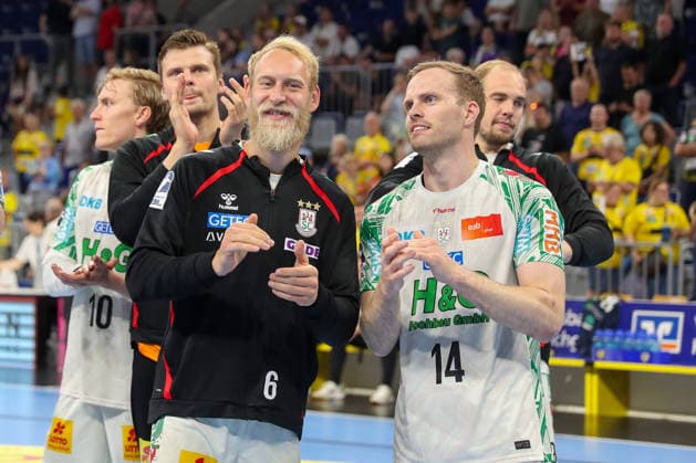 24.05.2026, xgox, Handball - Daikin HBL Rhein-Neckar Löwen - SC Magdeburg emspor, v.l. Matthias Musche (Magdeburg, 6), Omar Ingi Magnusson (Magdeburg, 14) Zweikampf, Duell, Kampf, tackle Mannheim