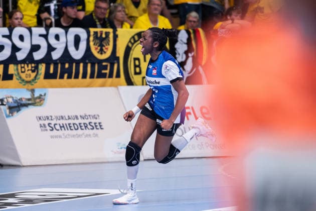 HSG Blomberg-Lippe (GER) vs. Borussia Dortmund (GER) Handball, 1. Handball Bundesliga Frauen, Finale, Spiel 2, 24.5.2026, Saision 2025 2026, Blomberg Farrelle Njinkeu (HSG Blomberg-Lippe, 55) jubelt nach einem Tor Blomberg Sporthalle an der Ulmenallee Deutschland